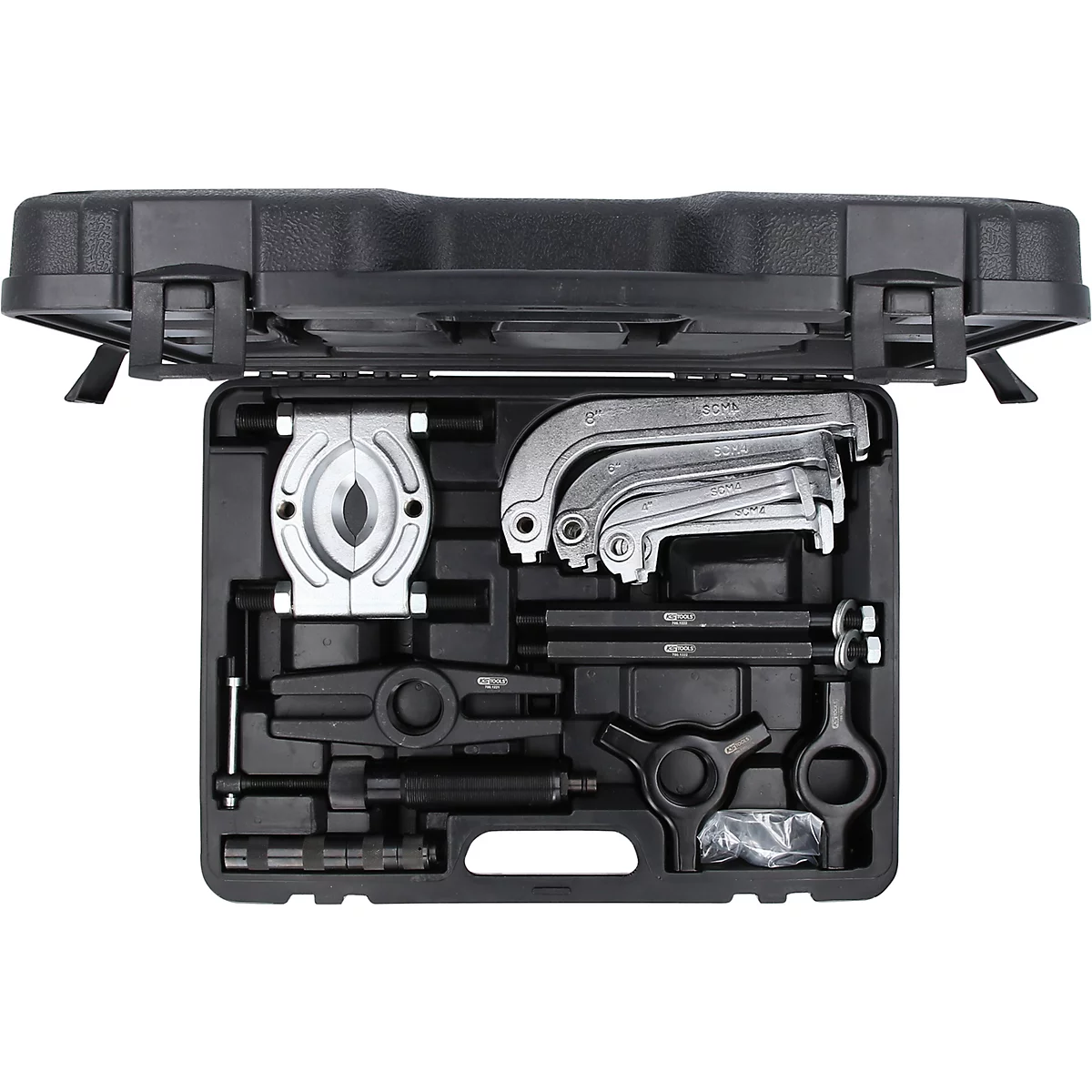 Werkzeugkasten mit offenem Deckel. Inhalt sind verschiedene Metallwerkzeuge.